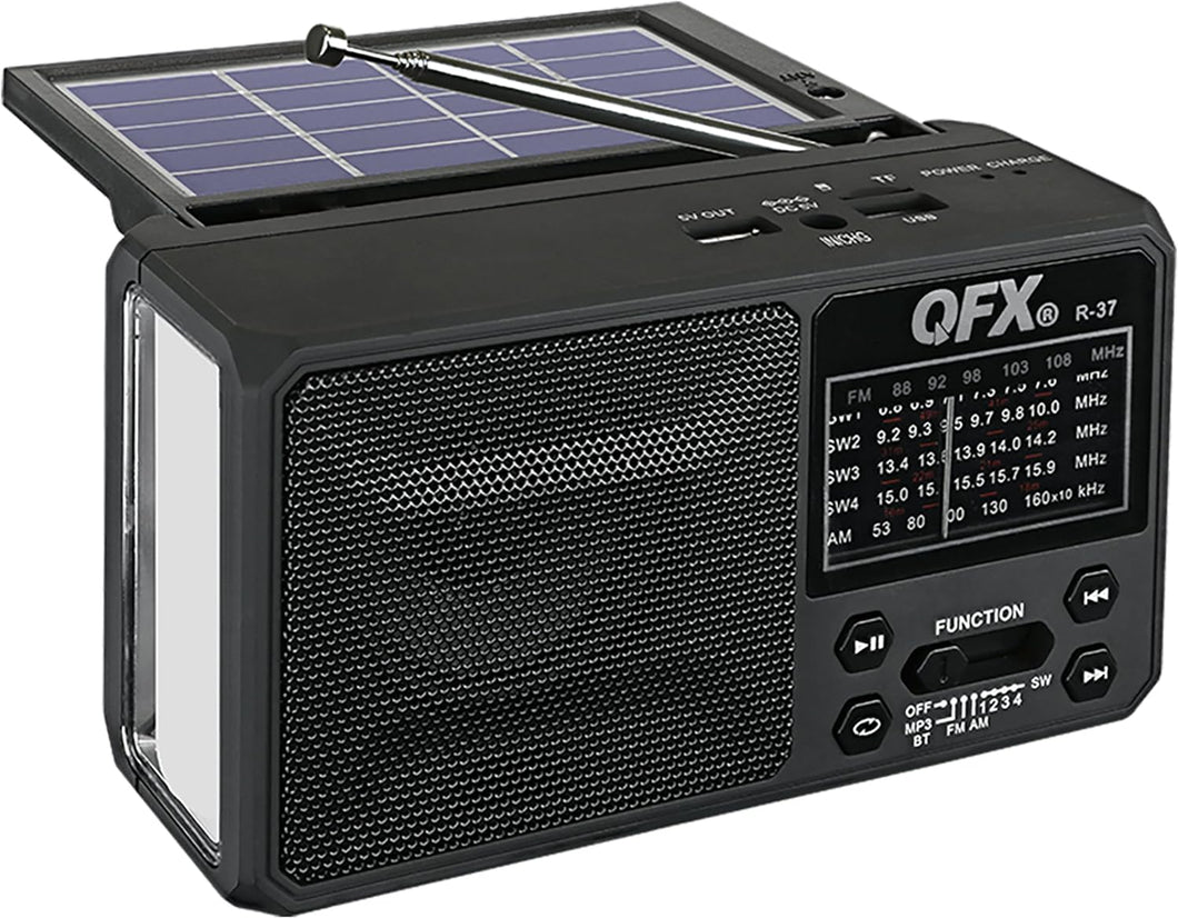 QFX R-37 6-Band (AM, FM, SW1 - SW4) Linterna LED Bluetooth Radio sola